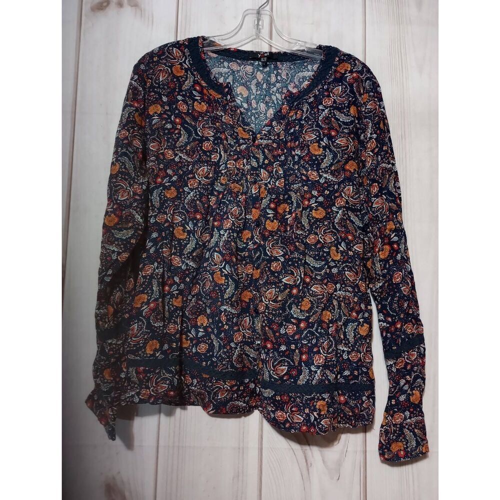 Yest Womens Floral Paisley Button Front Blouse Navy Orange Viscose Size 10 28056